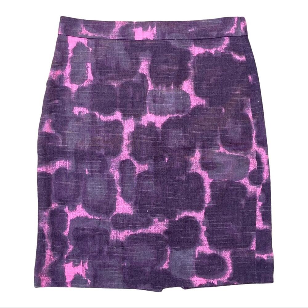 J. Crew Ink Blossom Pink & Dark Purple Pencil Skirt Linen Cotton Women's Size 0